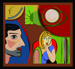 Colorful background, cubism art style,abstracts portraits ,man and woman
