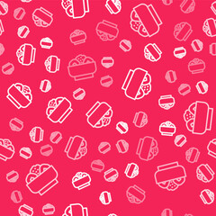 White line Chow mein on plate icon isolated seamless pattern on red background. Asian food. Vector