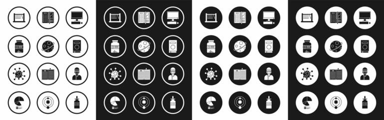 Set Computer monitor with keyboard and mouse, Planet, Medicine bottle pills, Pendulum, Book, Notebook, Assistant and Bacteria icon. Vector