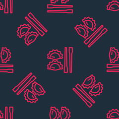 Red line Dumpling with chopsticks icon isolated seamless pattern on black background. Traditional chinese dish. Vector