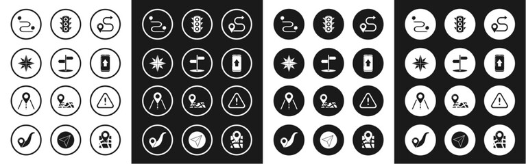 Set Route location, Road traffic sign, Wind rose, Infographic of city map navigation, Traffic light, Exclamation mark triangle and icon. Vector