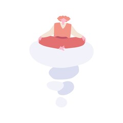 The woman is meditating. A person is in a calm, peaceful state in harmony with himself and the world. Psychology of self-care and mindfulness. Flat cartoon illustration.