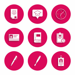 Set Book, Paint brush, Identification badge, Exam sheet with clock, Pen, Clock and Certificate template icon. Vector