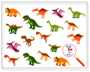 Children's logic game find the one of a kind. Dinosaurs and their children. Vector