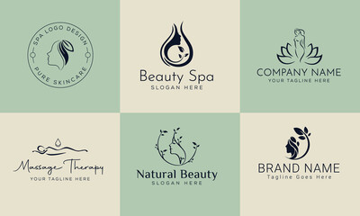 Set of Spa element Hand Drawn Logo with body and Leaves. Logo for spa and beauty salon, boutique, massage therapy, organic shop, relaxation, woman body, yoga, cosmetics store
