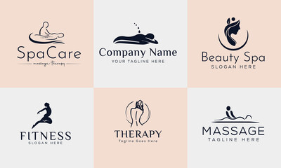 Set of Spa element Hand Drawn Logo with body and Leaves. Logo for spa and beauty salon, boutique, massage therapy, organic shop, relaxation, woman body, yoga, cosmetics store
