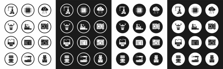 Set Internet of things, Factory conveyor system belt, Drone delivery concept, Assembly line, Printed circuit board PCB, Processor with microcircuits CPU, and icon. Vector