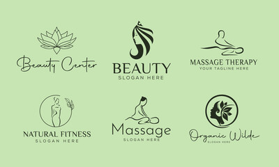 Set of Spa element Hand Drawn Logo with body and Leaves. Logo for spa and beauty salon, boutique, massage therapy, organic shop, relaxation, woman body, yoga, cosmetics store