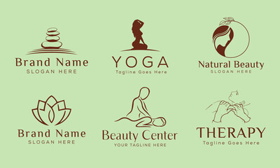 Set of Spa element Hand Drawn Logo with body and Leaves. Logo for spa and beauty salon, boutique, massage therapy, organic shop, relaxation, woman body, yoga, cosmetics store