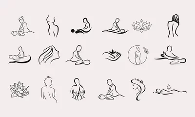 Tuinposter A set of female hand logos in a minimal linear style. Vector logo design Templates with different hand gestures, Crystal. For cosmetics, beauty, tattoo, Spa, feminine, jewelry store © branding66