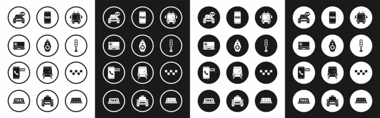 Set Trolleybus, Car key with remote, Laptop location marker, Taxi car, Traffic light, call telephone service, roof and icon. Vector