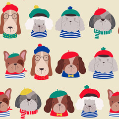 Vector seamless pattern with French dogs. French style dogs set. Funny cartoon of different breeds of dogs dressed in French style in berets and striped clothes.  