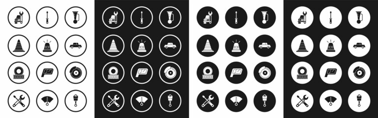 Set Signal horn on vehicle, Flasher siren, Traffic cone, Car service, Screwdriver, brake disk with caliper and wheel icon. Vector