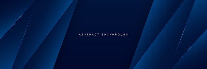 Abstract dark blue gradient horizontal banner background with overlay geometric triangle shapes and glowing line. Modern paper cut texture design with space for text. Suit for poster, cover, header