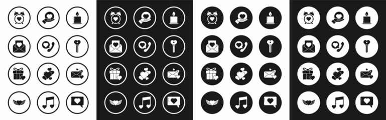Set Burning candle, Telephone with heart speech bubble, Envelope, Heart the center alarm clock, Key shape, hand, and Gift box icon. Vector