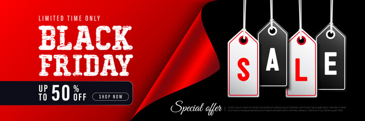 Obraz na płótnie Canvas Black friday sale horizontal banner on red and black background with place for text. Black paper with curled corner and shadow. Suit for poster, promotion, website, header, advertising, flyer, cover