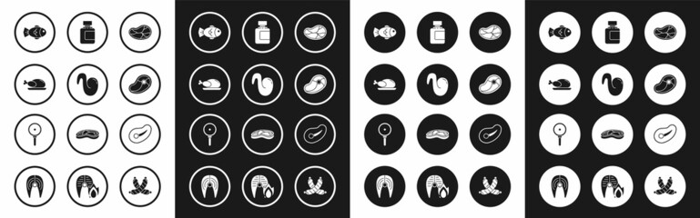 Set Steak meat, Fried chicken wing, Roasted turkey or, Fish, Sauce bottle, and Frying pan icon. Vector