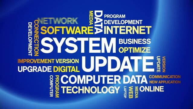 System Update animated tag word cloud;text design animation kinetic typography seamless loop.