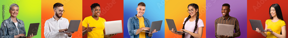 Poster Collage With Diverse Multicultural People Using Laptops While Posing Over Colorful Backgrounds