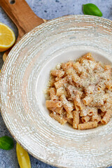   Gluten free Chickpea pasta.Fresh  low carb  high protein pasta rigatoni with  cream sauce  ,  tuna , parmesan cheese ,olive oil and black pepper)  Ketogenic diet pasta 