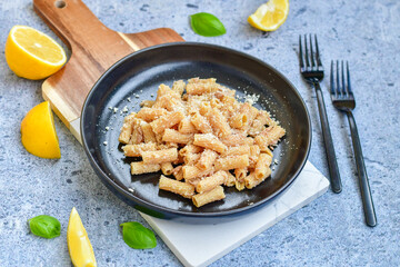   Gluten free Chickpea pasta.Fresh  low carb  high protein pasta rigatoni with  cream sauce  ,  tuna , parmesan cheese ,olive oil and black pepper)  Ketogenic diet pasta 