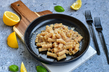   Gluten free Chickpea pasta.Fresh  low carb  high protein pasta rigatoni with  cream sauce  ,  tuna , parmesan cheese ,olive oil and black pepper)  Ketogenic diet pasta 