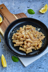   Gluten free Chickpea pasta.Fresh  low carb  high protein pasta rigatoni with  cream sauce  ,  tuna , parmesan cheese ,olive oil and black pepper)  Ketogenic diet pasta 