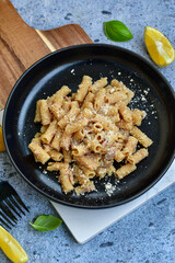   Gluten free Chickpea pasta.Fresh  low carb  high protein pasta rigatoni with  cream sauce  ,  tuna , parmesan cheese ,olive oil and black pepper)  Ketogenic diet pasta 