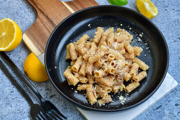   Gluten free Chickpea pasta.Fresh  low carb  high protein pasta rigatoni with  cream sauce  ,  tuna , parmesan cheese ,olive oil and black pepper)  Ketogenic diet pasta 