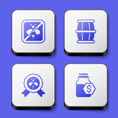 Set Stop bee, Wooden barrel with honey, Best and Sale in jar of icon. White square button. Vector