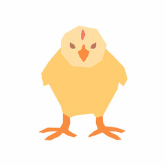 Cute little cartoon yellow chick with a red crest and orange legs. Front view of a baby chicken. Vector illustration in flat style.
