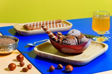 Ice cream on the table on a bright, colored background