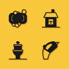 Set Bar of soap, Portable vacuum cleaner, Toilet bowl and House icon with long shadow. Vector