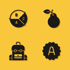 Set Pie chart infographic, Exam sheet with A plus grade, School backpack and Pear icon with long shadow. Vector