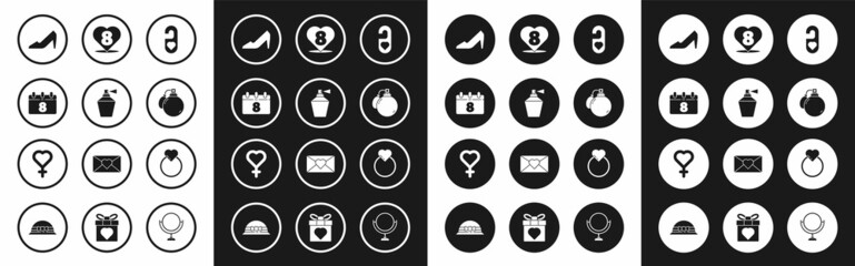 Set Please do not disturb with heart, Perfume, Calendar 8 March, Woman shoe, Heart, Wedding rings and Female gender symbol icon. Vector