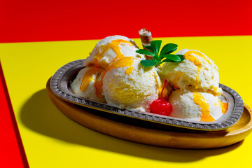 Ice cream on the table on a bright, colored background 