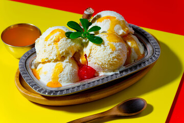 Ice cream on the table on a bright, colored background