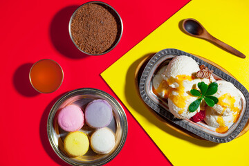 Ice cream on the table on a bright, colored background