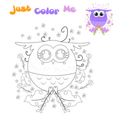 Coloring page with cute owl cartoon and floral ornament