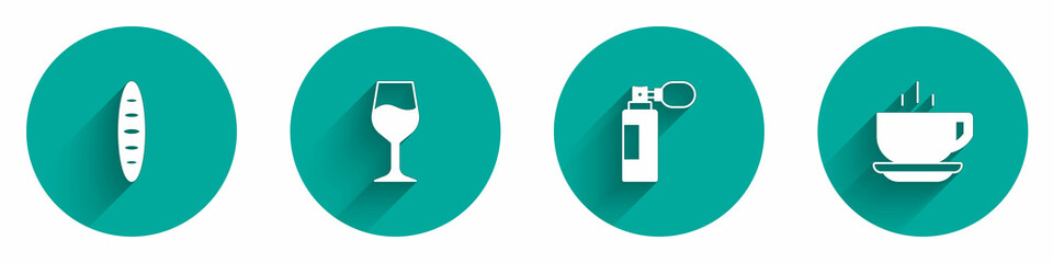 Set French baguette bread, Wine glass, Perfume and Coffee cup icon with long shadow. Vector