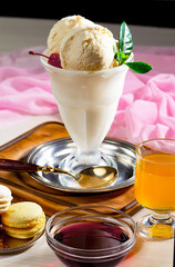 Ice cream on the table on a bright, colored background