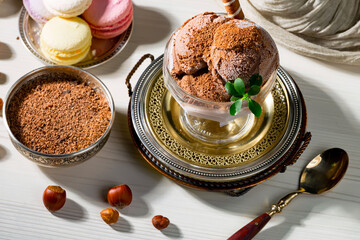 Ice cream on the table on a bright, colored background
