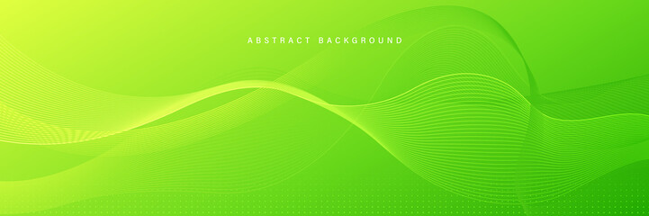 Abstract green gradient horizontal background with bright green wave lines vector element and halftone dots decoration. Modern wave flow lines banner design. Suit for cover, brochure, presentation