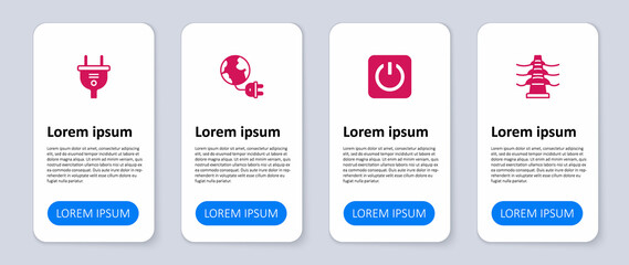 Set Electric tower line, Power button, Global energy planet with plug and . Business infographic template. Vector