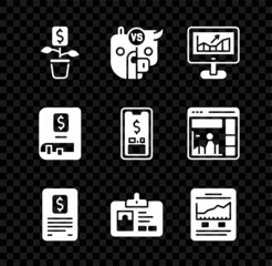 Set Dollar plant, Bull and bear of stock market, Computer with growth graph, Business finance report, Identification badge, Website, Financial book and Mobile dollar icon. Vector