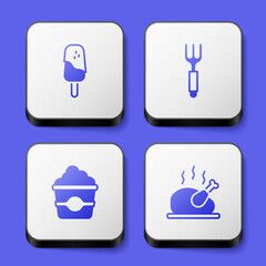 Set Ice cream, Fork, Popcorn in cardboard box and Roasted turkey chicken icon. White square button. Vector