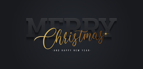 Fototapeta na wymiar Merry christmas and happy new year lettering on black horizontal background. Luxury and elegant style black and gold text graphic design. Suit for poster, cover, banner, brochure, website, card