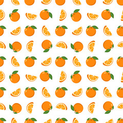 Seamless bright spring and summer pattern with oranges and slices on a white background. A set of citrus fruits for a healthy lifestyle. Vector flat illustration of healthy food