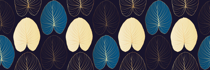 Seamless luxury leaf pattern on black background. Elegant leaves texture elements. Stylish botanical design with lines golden. Vintage style hand drawn leaves graphic. Suit for wallpaper, textiles