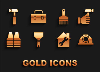 Set Putty knife, Hammer, Worker safety helmet, House repair, Safety vest, Paint brush, and Toolbox icon. Vector